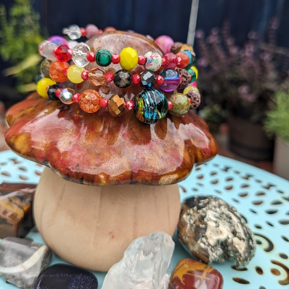 Jasper Agate Crystals Beaded Bracelet Handmade Festival Colorful Rainbow Quartz - Picture 12 of 13